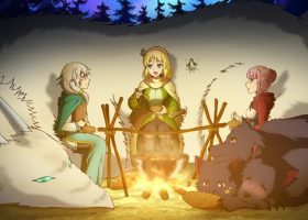 Fifth In the Land of Leadale key visual has Cayna, Lonti and a friend enjoying a campfire meal