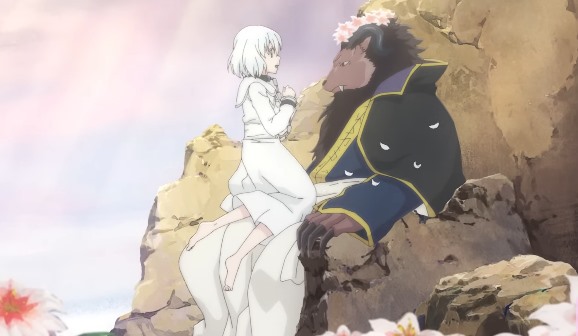 Beautiful Sacrificial Princess and the King of Beasts key visual has Sariphi and the King of Beasts overseeing Ozmargo